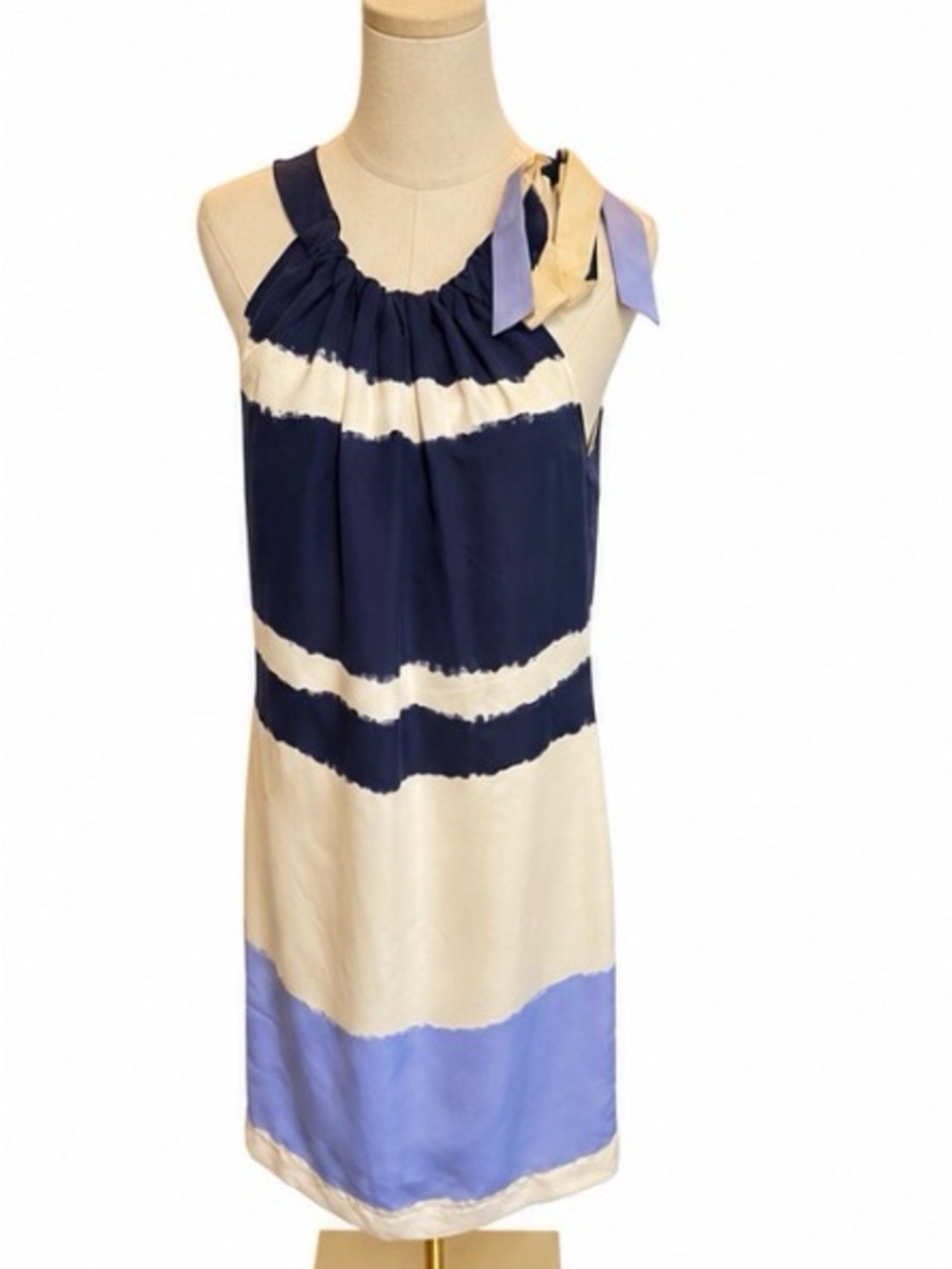 Banana Republic 100% Silk Striped Shift Dress Size 6 Bow Shoulder Blue Ivory